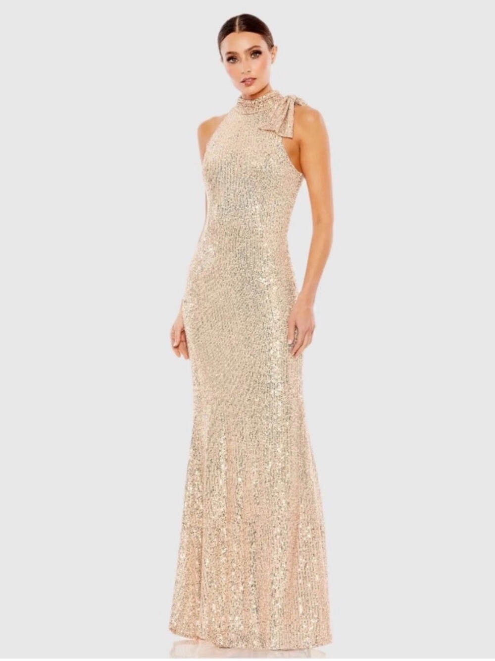 Ieena for Mac Duggal Elegant Rose Gold Sequin Halter Neck Evening Gown